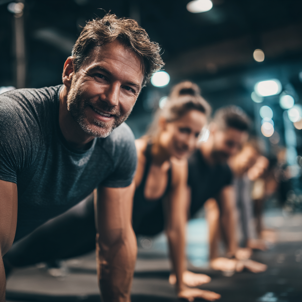 Mosolygó magyar felnőttek különböző korú csoportja edzés közben, egészséges életmódot képviselve